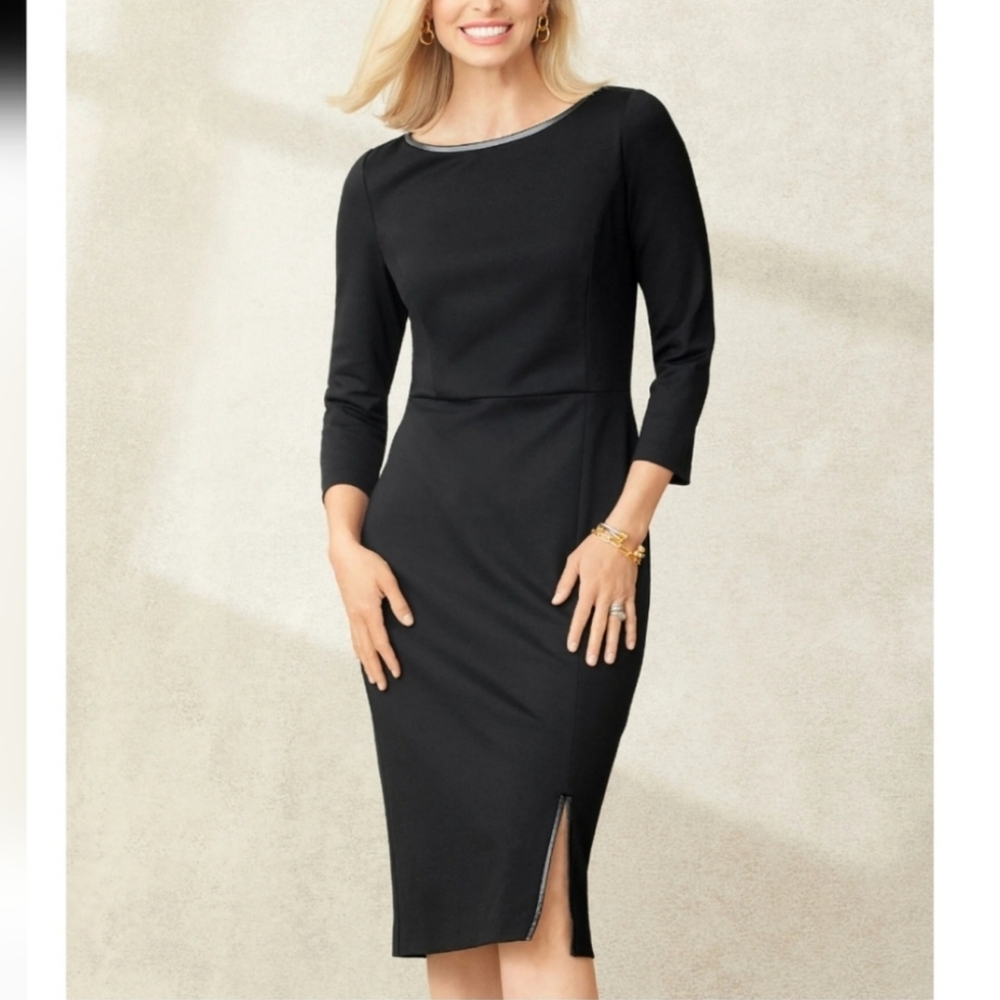 Talbots Tipped Ponte Sheath Dress with Faux Leather Trim